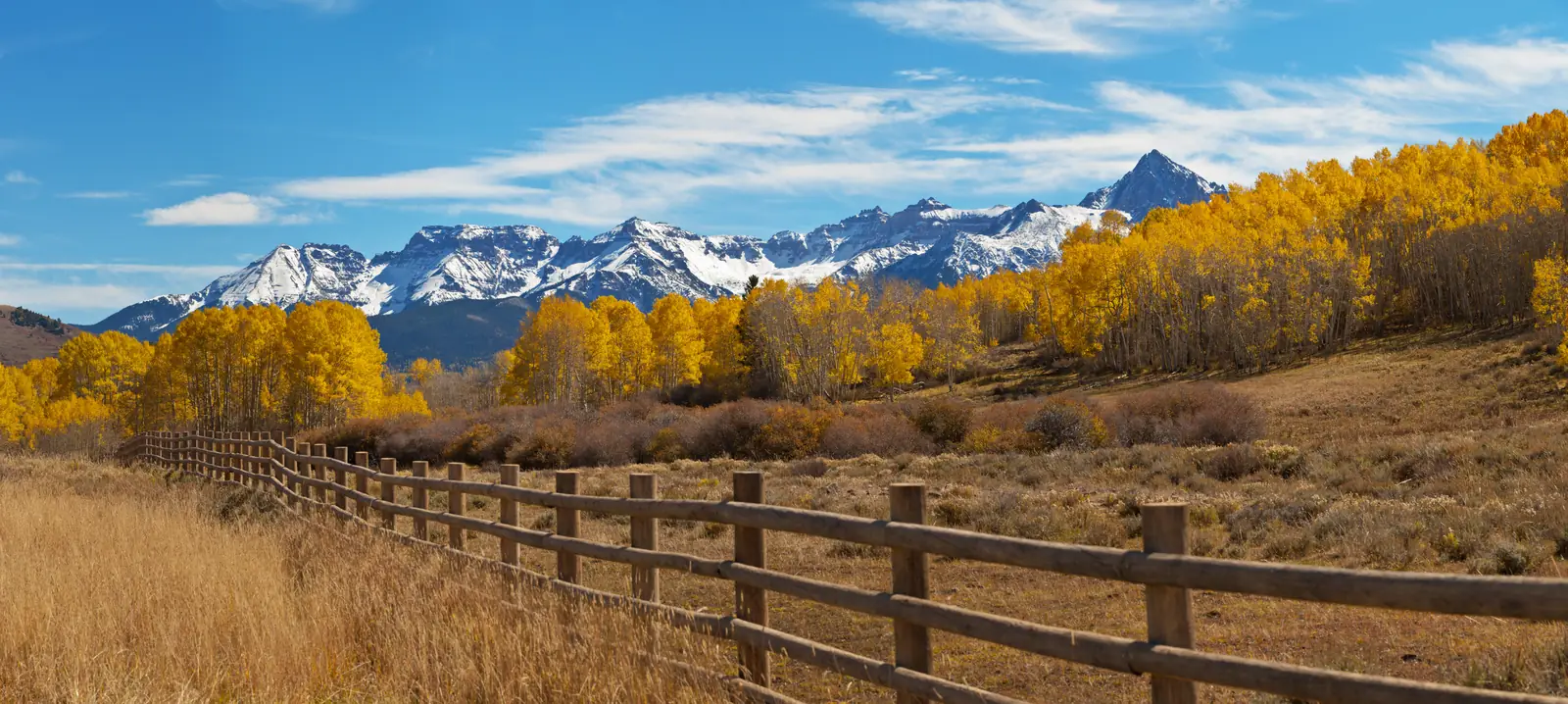 Fall aspens and a ranch fence below the San Juan Mountains